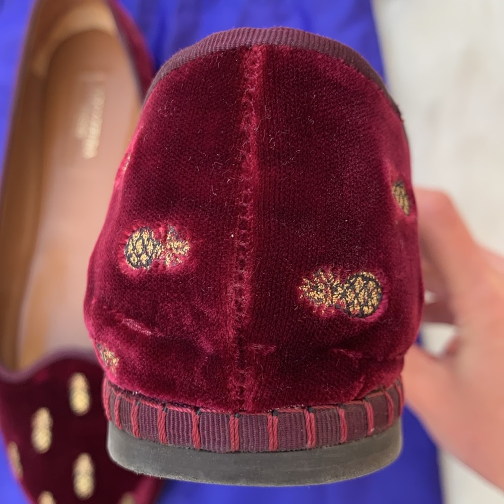Aquazzura Maroon Velvet Embroidered Golden Pineapple Print Slip-On Ballet Flats - Picture 8 of 15